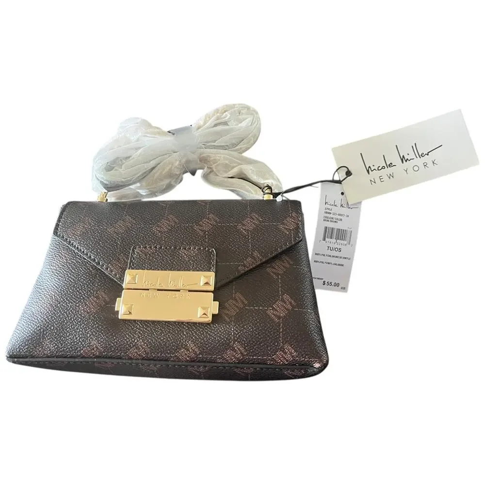 Nicole Miller faux leather Brown Gold mini crossbody chain bag latch closure NWT